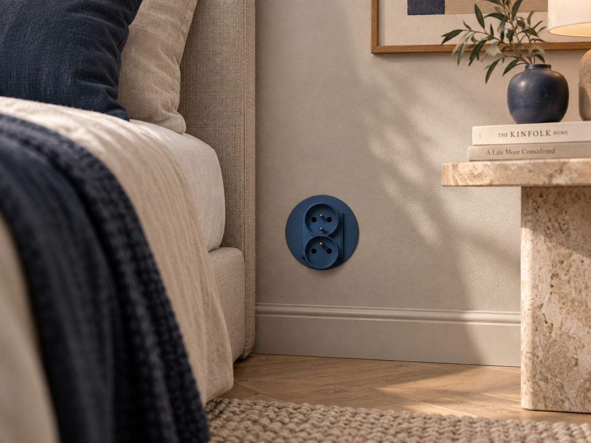 Double prise Bleu Marine NuanceLumi dans une chambre contemporaine